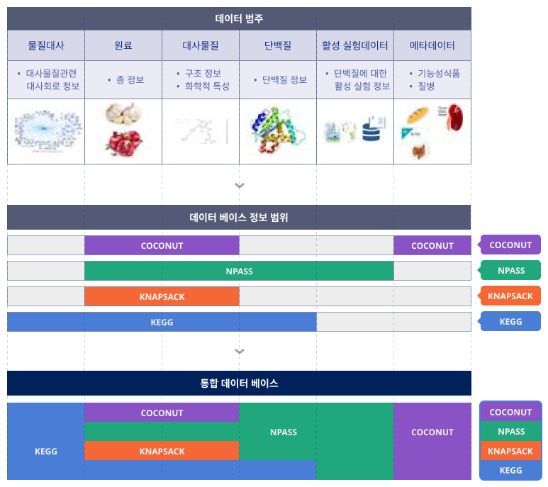 데이터범주는 물질대사,원료,대사물질,단백질,활성실험데이터,메타데이터로 나뉘며 물질대사는 대사물질관련대사회로정보, 원료는 종정보, 대사물질은 구조정보와 화학적특성, 단백질은 단백질정보, 활성 실험데이터는 단백질에 대한 활성실험정보 메타데이터는 기능성식품과질병 이렇게 각각의 버주를 나타냅니다. 데이터베이스정보범위에서는 원료,대사물질,메타데이터가 COCONUT으로 한묶음, 원료,대사물질,단백질,활성 실험데이터 가 NPASS로 한묶음 원료,대사물질이 KNAPSACK으로 한묶음 물질대사,원료,대사물질,단백질은 KEGG로 한묶음에 해당합니다.
